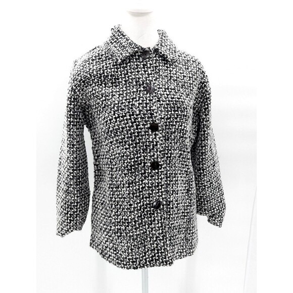 Chicos Chunky Knit Collared Button Up Jacket Blazer Black White Size 1 Medium - Picture 1 of 8